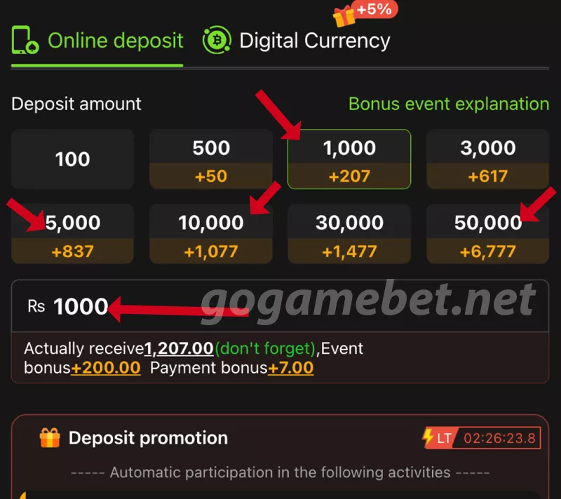 gogame bet Deposit Amount